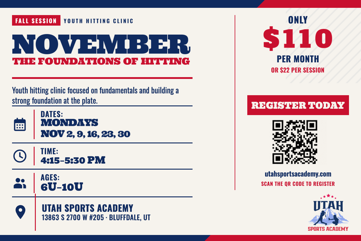 The Foundations of Hitting November flyer: Mondays November 2, 9, 16, 23, 30, 4:15 to 5:30 PM, ages 6U-10U, $110 per month or $22 per session